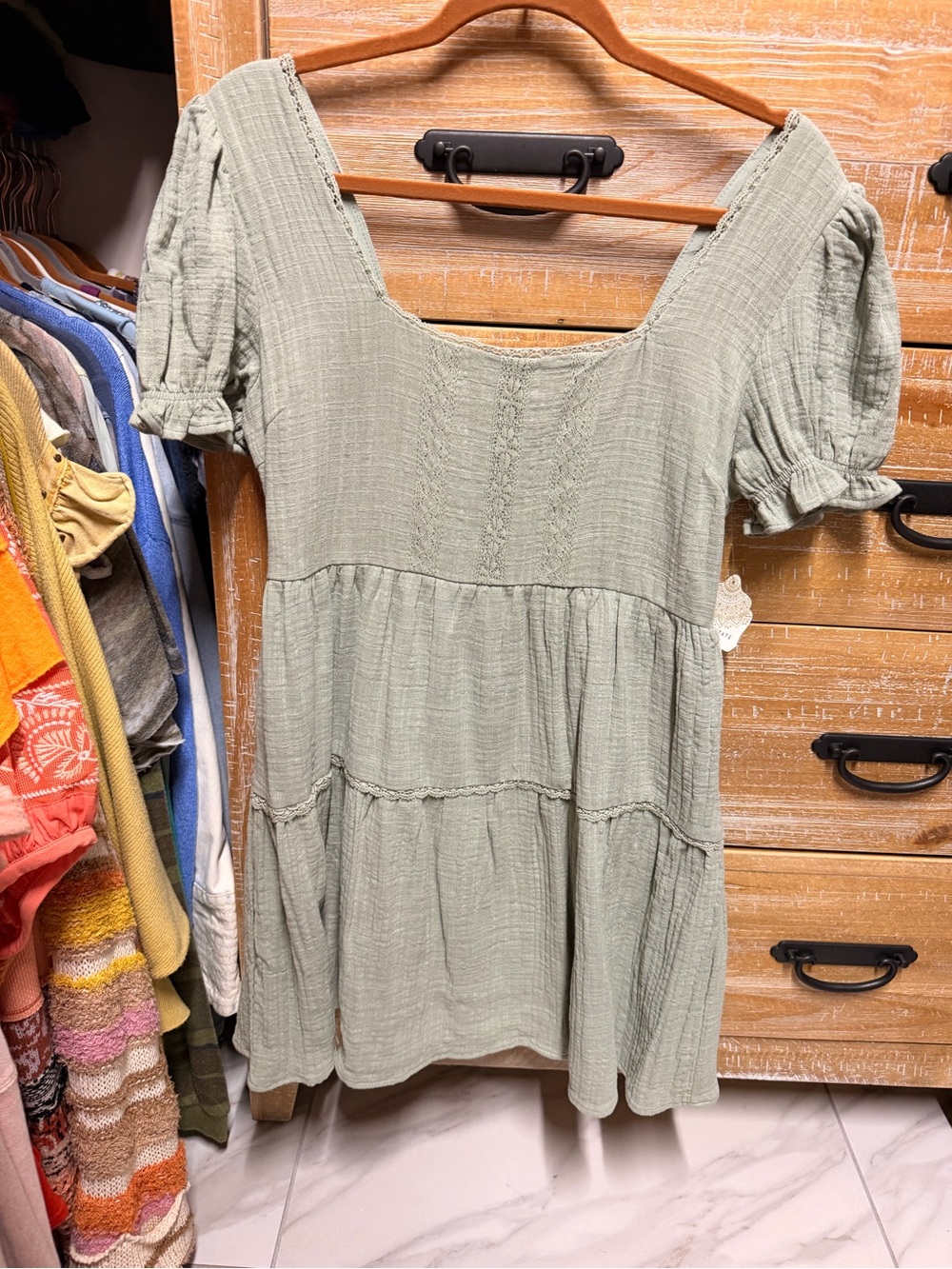 NWT Altar’d State Smocked Short Sleeve Tiered Peasant Top - Sage Green